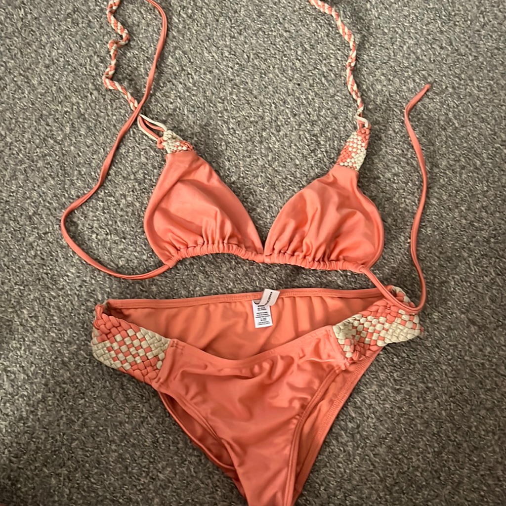 Luli Fama Peach/Orange String Bikini Size M. Good Used Condition.